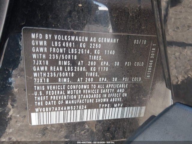 2010 Volkswagen Tiguan Se/sel მანქანა იყიდება აუქციონზე, vin: WVGBV7AX4AW527824, აუქციონის ნომერი: 45837890