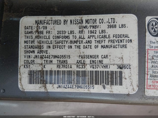 Продажа на аукционе авто 2009 Nissan 370z Touring, vin: JN1AZ44E79M405515, номер лота: 45837897