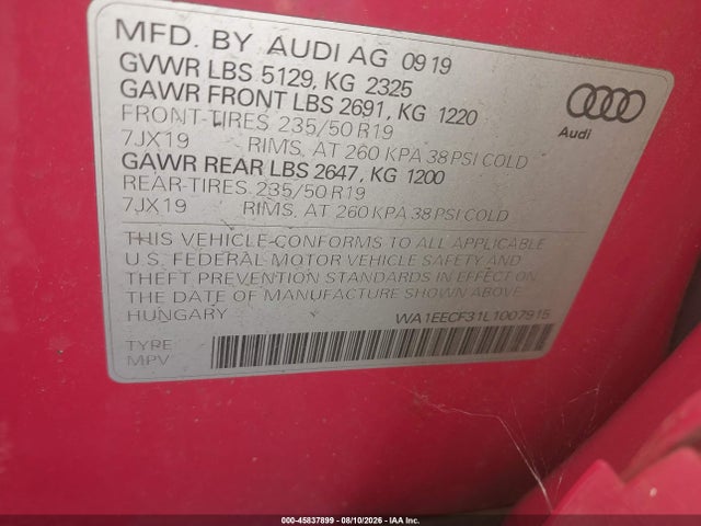 Продаж на аукціоні авто 2020 Audi Q3 Premium Plus 45 Tfsi S Line Quattro Tiptronic, vin: WA1EECF31L1007915, номер лоту: 45837899