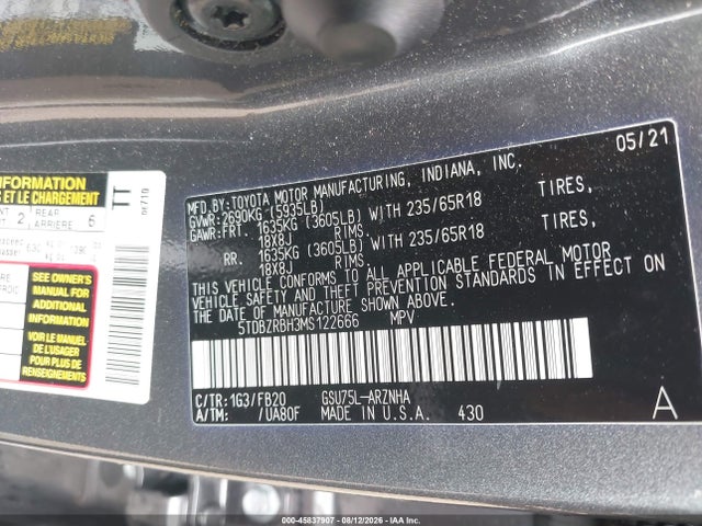 Aukcja sprzedaży 2021 Toyota Highlander Le, vin: 5TDBZRBH3MS122666, numer aukcji: 45837907