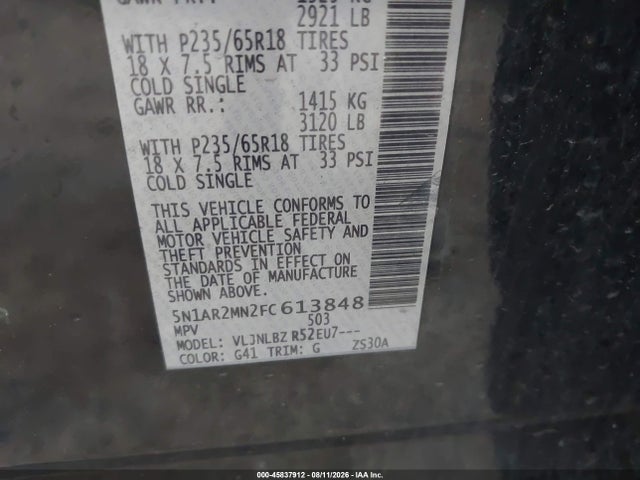Aukcja sprzedaży 2015 Nissan Pathfinder S, vin: 5N1AR2MN2FC613848, numer aukcji: 45837912