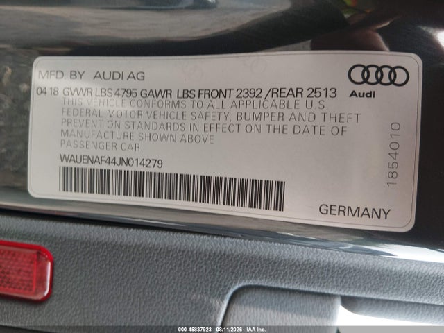45837923 :رقم المزاد ، WAUENAF44JN014279 vin ، 2018 Audi A4 2.0t Premium/2.0t Tech Premium مزاد بيع
