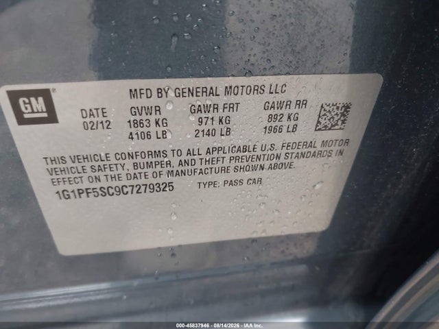 Продажа на аукционе авто 2012 Chevrolet Cruze 1lt, vin: 1G1PF5SC9C7279325, номер лота: 45837946