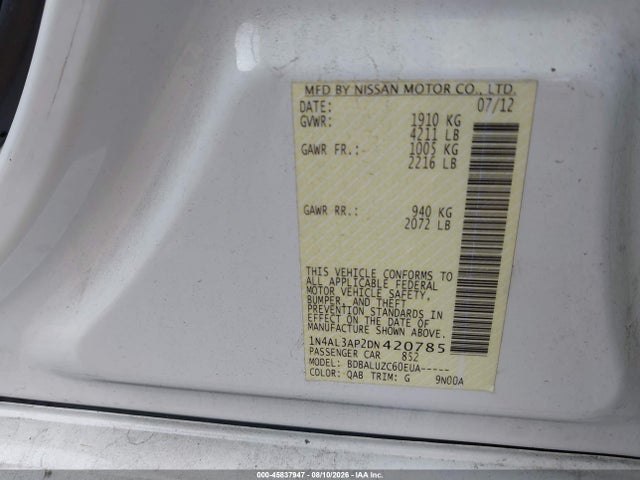 Продаж на аукціоні авто 2013 Nissan Altima 2.5 Sv, vin: 1N4AL3AP2DN420785, номер лоту: 45837947
