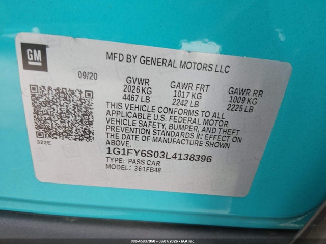 1G1FY6S03L4138396 Chevrolet Bolt Ev Fwd Lt