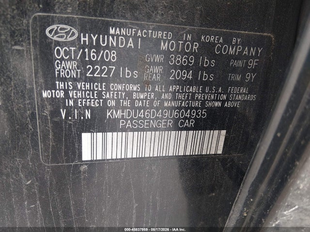 Продаж на аукціоні авто 2009 Hyundai Elantra Se, vin: KMHDU46D49U604935, номер лоту: 45837959