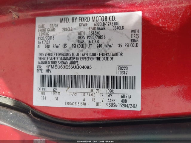 Aukcja sprzedaży 2006 Ford Explorer Xlt, vin: 1FMEU63E56UB04095, numer aukcji: 45837965