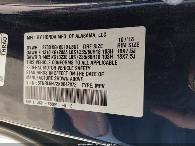 5FNRL6H72KB042872 Honda Odyssey Ex-l