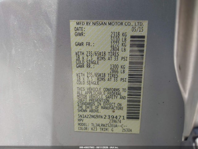 Aukcja sprzedaży 2015 Nissan Murano Sl, vin: 5N1AZ2MG9FN239471, numer aukcji: 45837983