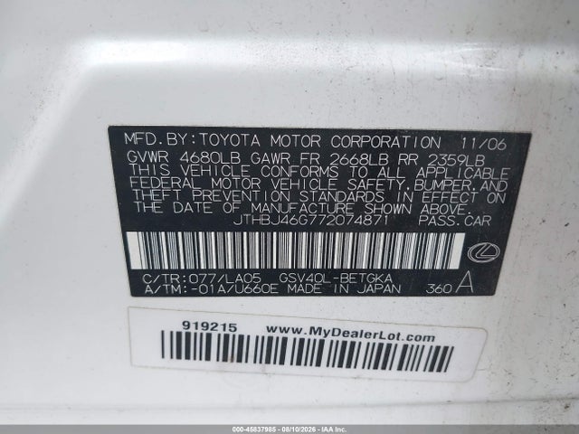 Продаж на аукціоні авто 2007 Lexus Es 350, vin: JTHBJ46G772074871, номер лоту: 45837985