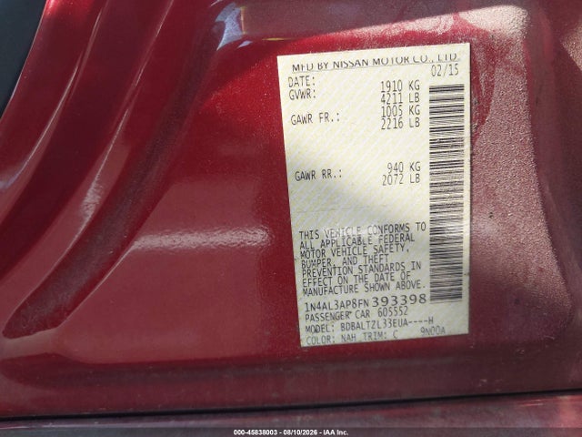 2015 Nissan Altima 2.5 Sl მანქანა იყიდება აუქციონზე, vin: 1N4AL3AP8FN393398, აუქციონის ნომერი: 45838003