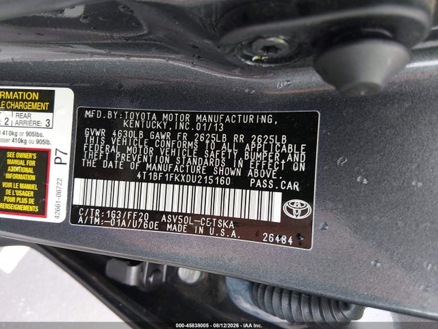 2013 Toyota Camry Se მანქანა იყიდება აუქციონზე, vin: 4T1BF1FKXDU215160, აუქციონის ნომერი: 45838005