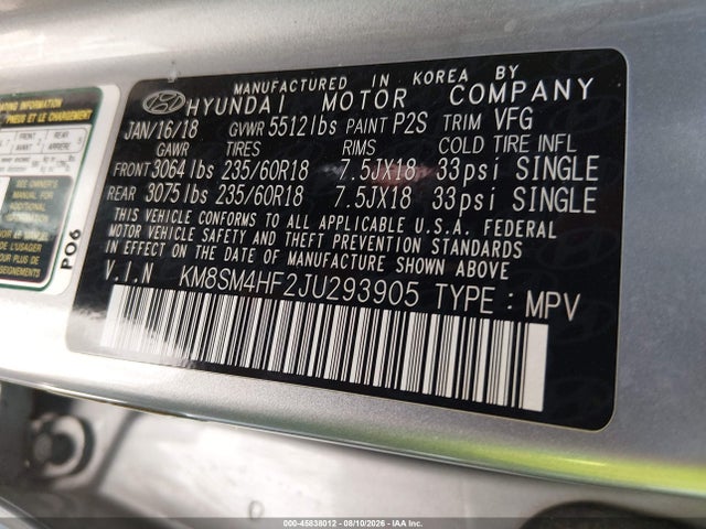 KM8SM4HF2JU293905 Hyundai Santa Fe Se