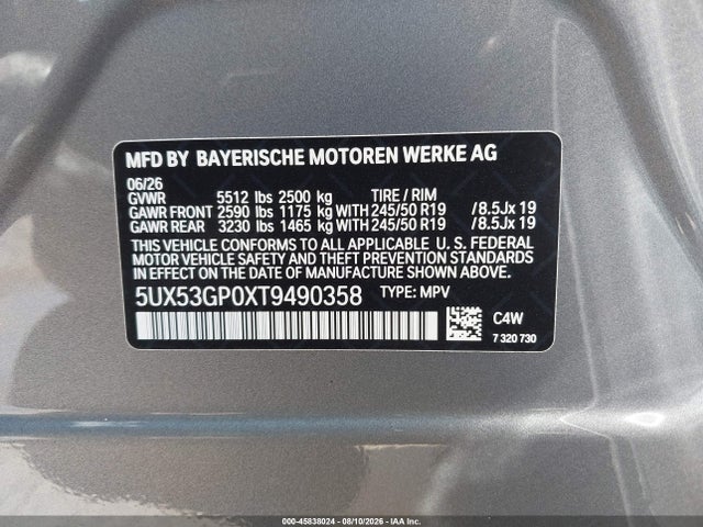 2026 Bmw X3 30 Xdrive მანქანა იყიდება აუქციონზე, vin: 5UX53GP0XT9490358, აუქციონის ნომერი: 45838024