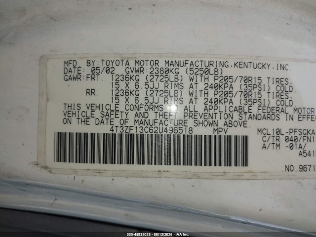 45838028 :رقم المزاد ، 4T3ZF13C62U496518 vin ، 2002 Toyota Sienna Le مزاد بيع