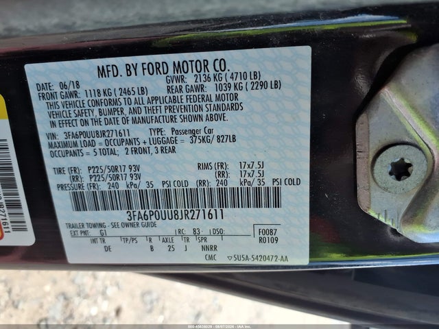 2018 Ford Fusion Hybrid S მანქანა იყიდება აუქციონზე, vin: 3FA6P0UU8JR271611, აუქციონის ნომერი: 45838029