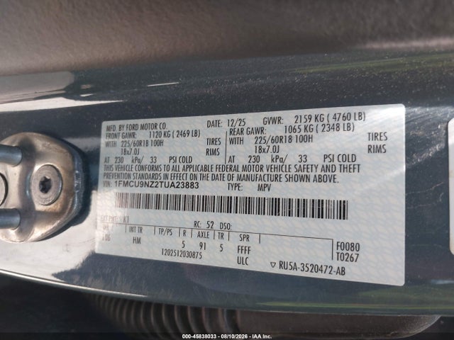Продаж на аукціоні авто 2026 Ford Escape St-line Select, vin: 1FMCU9NZ2TUA23883, номер лоту: 45838033
