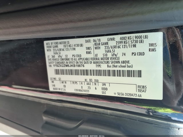 2018 Ford Transit-350 Xl მანქანა იყიდება აუქციონზე, vin: 1FBZX2ZM8JKB18876, აუქციონის ნომერი: 45838040