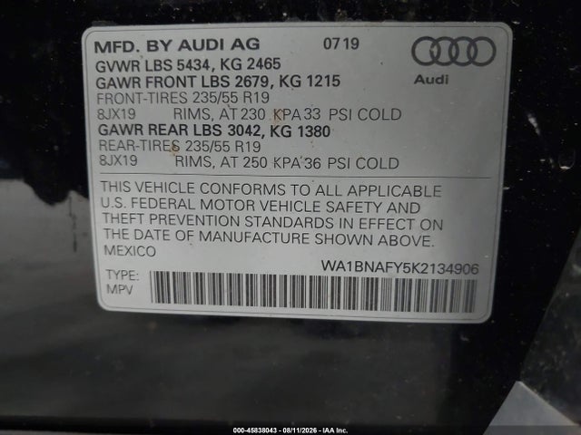 2019 Audi Q5 45 Premium მანქანა იყიდება აუქციონზე, vin: WA1BNAFY5K2134906, აუქციონის ნომერი: 45838043