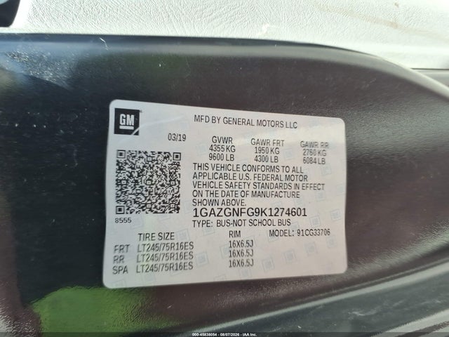 Продажа на аукционе авто 2019 Chevrolet Express 3500 Ls, vin: 1GAZGNFG9K1274601, номер лота: 45838054