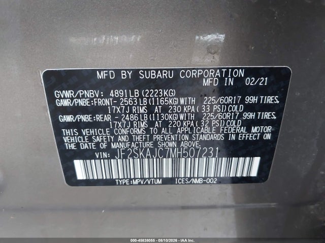 Aukcja sprzedaży 2021 Subaru Forester Premium, vin: JF2SKAJC7MH507231, numer aukcji: 45838055