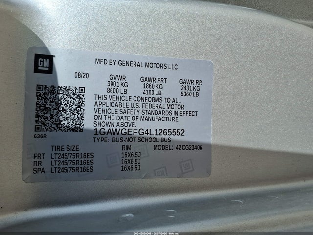 Продажа на аукционе авто 2020 Chevrolet Express Passenger Rwd 2500 Regular Wheelbase Ls, vin: 1GAWGEFG4L1265552, номер лота: 45838066