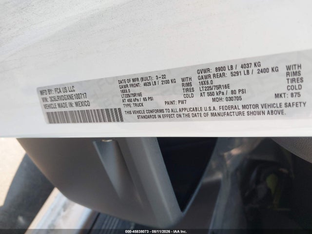 Продаж на аукціоні авто 2022 Ram Promaster 2500 High Roof 159 Wb, vin: 3C6LRVDGXNE100717, номер лоту: 45838073