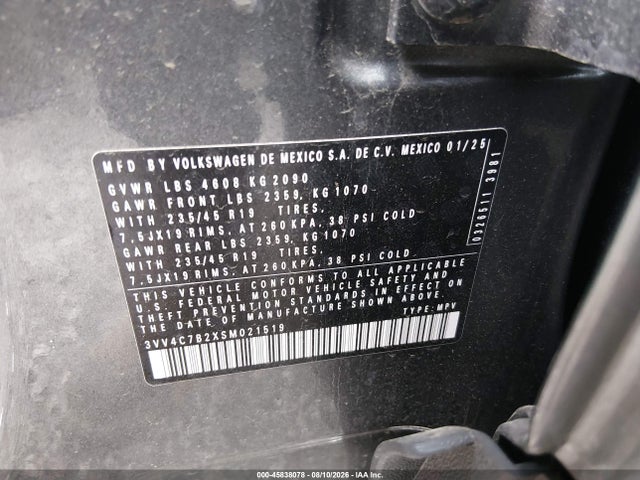 2025 Volkswagen Taos 1.5t Sel მანქანა იყიდება აუქციონზე, vin: 3VV4C7B2XSM021519, აუქციონის ნომერი: 45838078