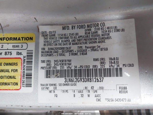 Продажа на аукционе авто 2013 Lincoln Mkz, vin: 3LN6L2G93DR812637, номер лота: 45838081