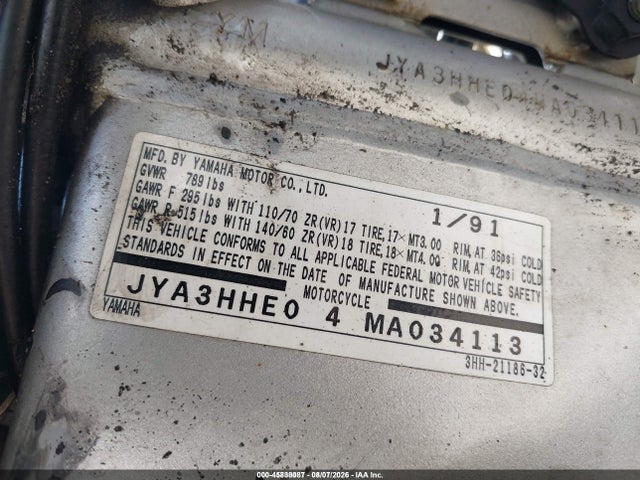 Aukcja sprzedaży 1991 Yamaha Fzr600 R, vin: JYA3HHE04MA034113, numer aukcji: 45838087