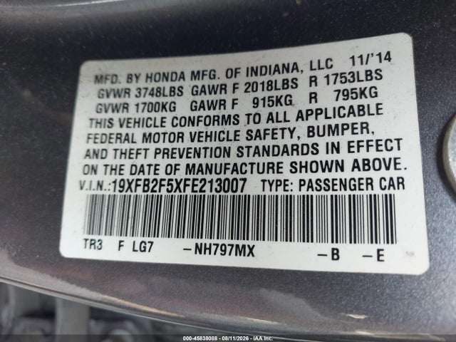 2015 Honda Civic Lx მანქანა იყიდება აუქციონზე, vin: 19XFB2F5XFE213007, აუქციონის ნომერი: 45838088