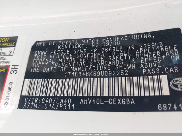 45838094 :رقم المزاد ، 4T1BB46K69U092252 vin ، 2009 Toyota Camry Hybrid مزاد بيع