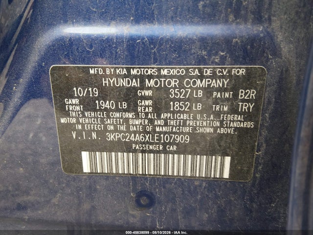 Aukcja sprzedaży 2020 Hyundai Accent Se, vin: 3KPC24A6XLE107909, numer aukcji: 45838099