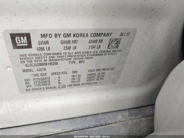 Продажа на аукционе авто 2017 Buick Encore Preferred, vin: KL4CJASB0HB195266, номер лота: 45838106