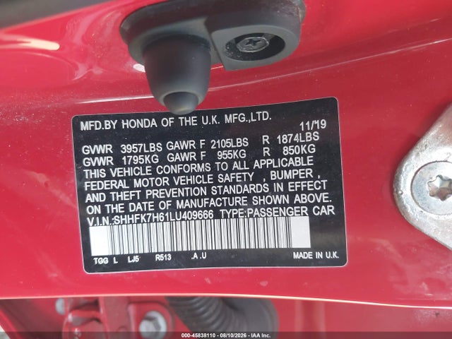 2020 Honda Civic Ex მანქანა იყიდება აუქციონზე, vin: SHHFK7H61LU409666, აუქციონის ნომერი: 45838110