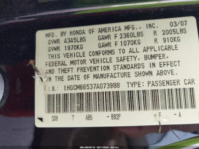 Продажа на аукционе авто 2007 Honda Accord 3.0 Ex, vin: 1HGCM66537A073988, номер лота: 45838119