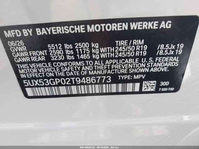 Продаж на аукціоні авто 2026 Bmw X3 30 Xdrive, vin: 5UX53GP02T9486773, номер лоту: 45838132