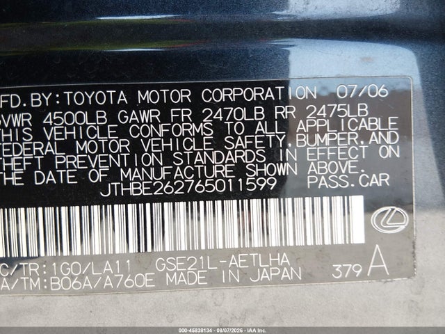 Aukcja sprzedaży 2006 Lexus Is 350, vin: JTHBE262765011599, numer aukcji: 45838134