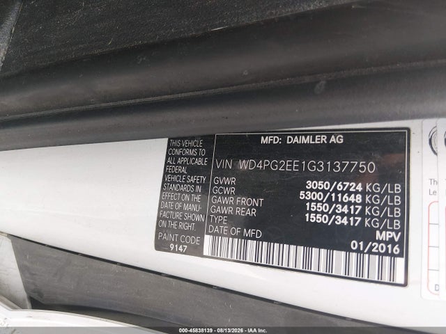 Продаж на аукціоні авто 2016 Mercedes-benz Metris, vin: WD4PG2EE1G3137750, номер лоту: 45838139