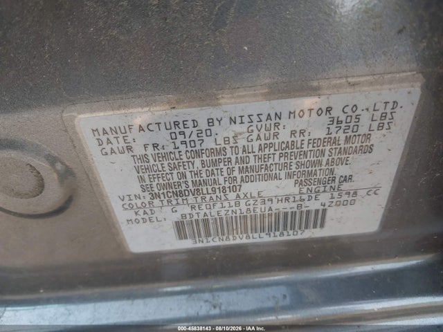 2020 Nissan Versa S Xtronic Cvt მანქანა იყიდება აუქციონზე, vin: 3N1CN8DV8LL918107, აუქციონის ნომერი: 45838143