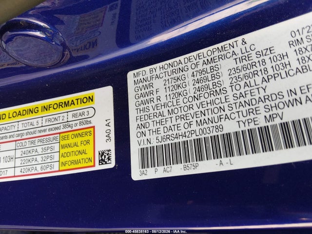 2023 Honda Cr-v Ex Awd მანქანა იყიდება აუქციონზე, vin: 5J6RS4H42PL003789, აუქციონის ნომერი: 45838163