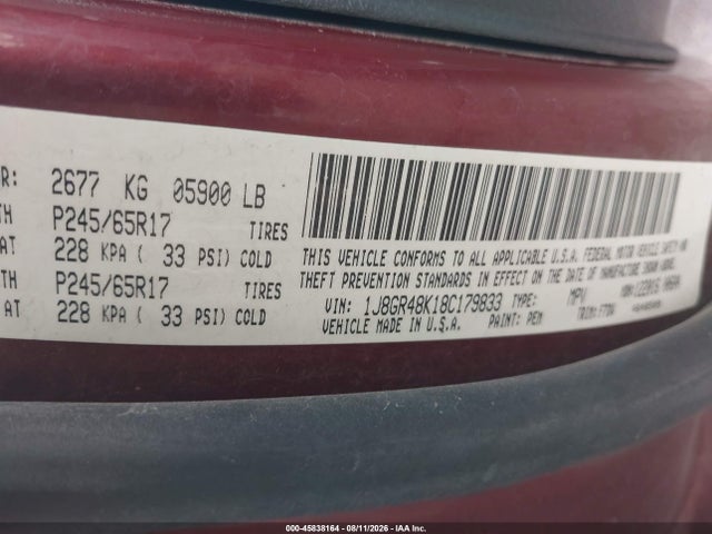 2008 Jeep Grand Cherokee Laredo მანქანა იყიდება აუქციონზე, vin: 1J8GR48K18C179833, აუქციონის ნომერი: 45838164