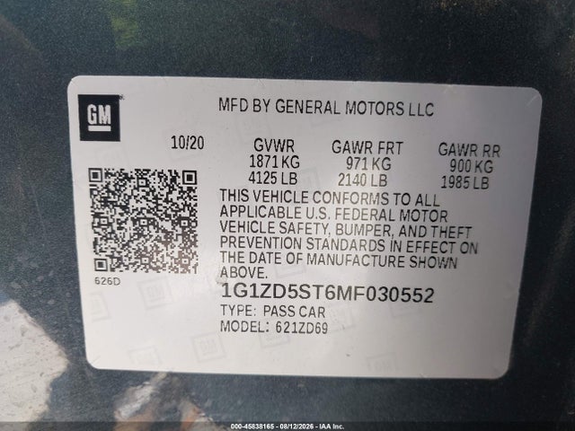 Продажа на аукционе авто 2021 Chevrolet Malibu Fwd Lt, vin: 1G1ZD5ST6MF030552, номер лота: 45838165