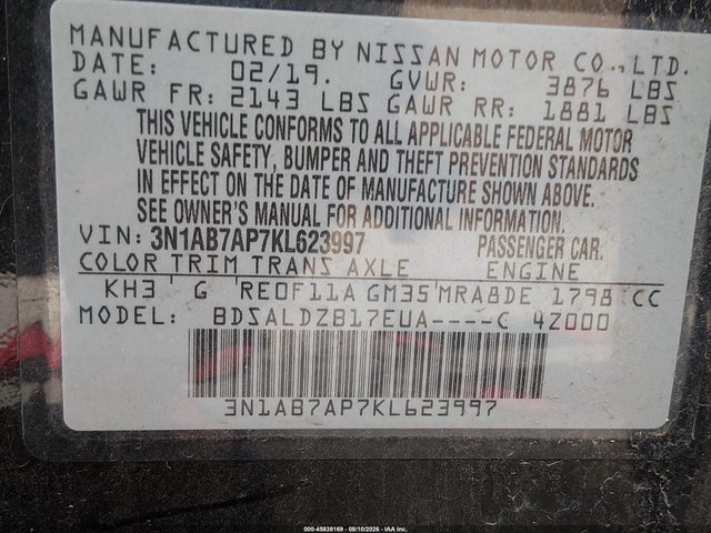 2019 Nissan Sentra Sv მანქანა იყიდება აუქციონზე, vin: 3N1AB7AP7KL623997, აუქციონის ნომერი: 45838169