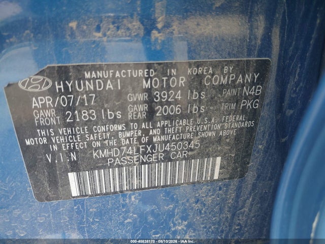 Aukcja sprzedaży 2018 Hyundai Elantra Se, vin: KMHD74LFXJU450345, numer aukcji: 45838170