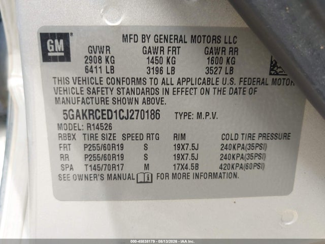 2012 Buick Enclave Leather მანქანა იყიდება აუქციონზე, vin: 5GAKRCED1CJ270186, აუქციონის ნომერი: 45838179