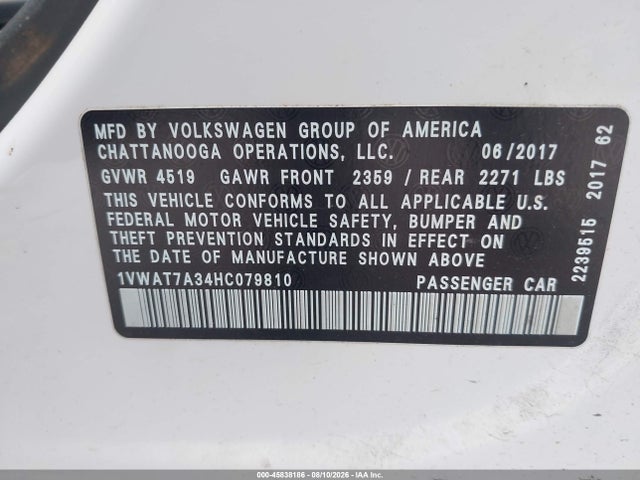 Продажа на аукционе авто 2017 Volkswagen Passat 1.8t S, vin: 1VWAT7A34HC079810, номер лота: 45838186