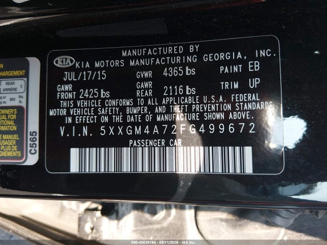2015 Kia Optima Lx მანქანა იყიდება აუქციონზე, vin: 5XXGM4A72FG499672, აუქციონის ნომერი: 45838194