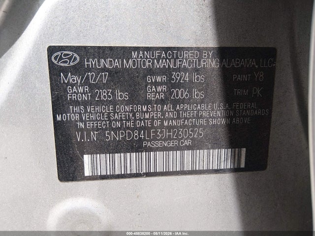 45838200 :رقم المزاد ، 5NPD84LF3JH230525 vin ، 2018 Hyundai Elantra Sel مزاد بيع