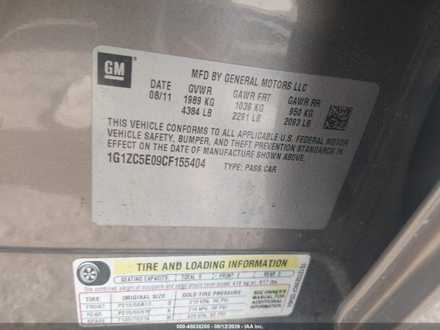 45838205 :رقم المزاد ، 1G1ZC5E09CF155404 vin ، 2012 Chevrolet Malibu 1lt مزاد بيع